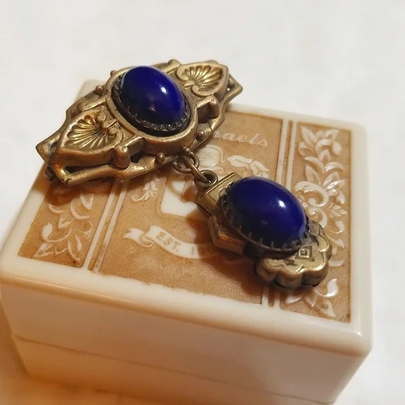 Antique Victorian Reppousse Cobalt Glass Lavaliere Brooch - Picture 4 of 6